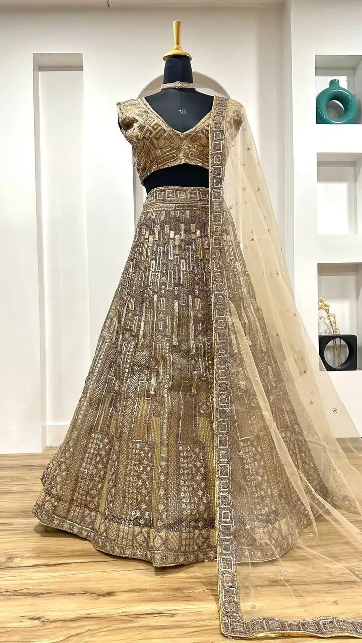 Golden Net Lehenga Choli With Dori, thread & Sequence Embroidery Work