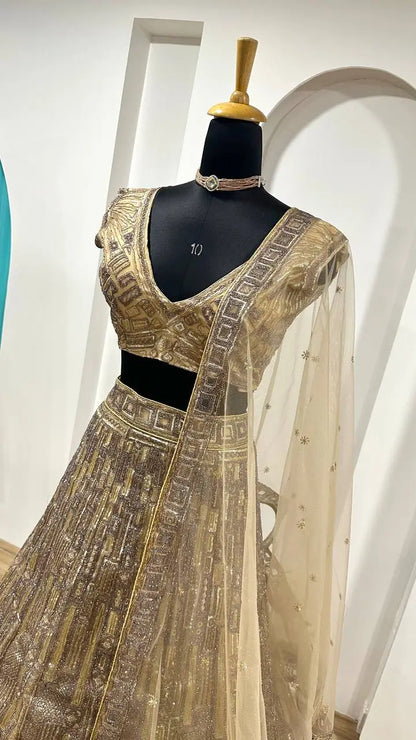 Golden Net Lehenga Choli With Dori, thread & Sequence Embroidery Work