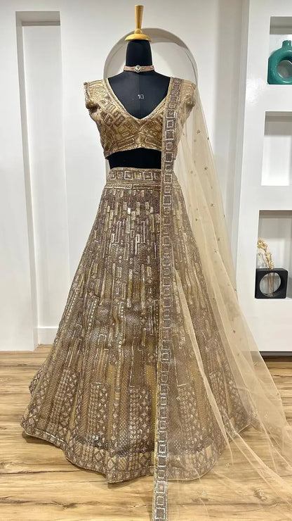 Golden Net Lehenga Choli With Dori, thread & Sequence Embroidery Work