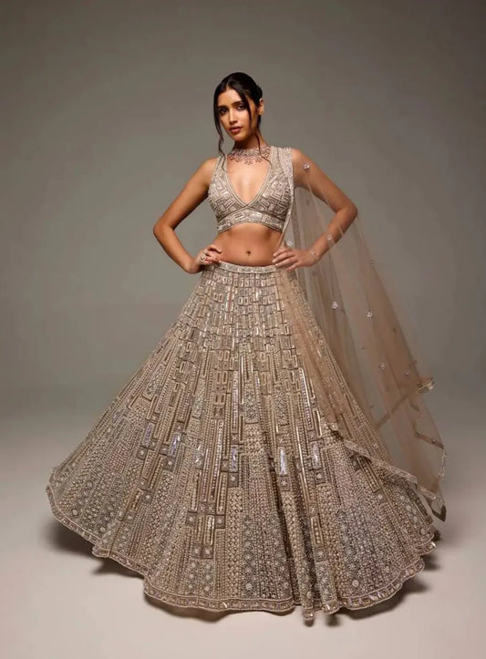 Golden Net Lehenga Choli With Dori, thread & Sequence Embroidery Work