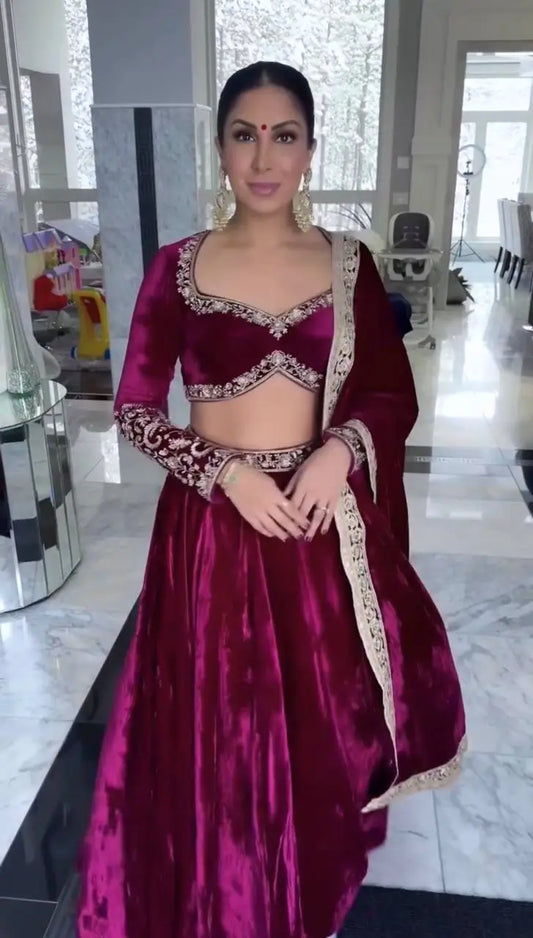 Wine Red Velvet Thread, Sequence & Dori Work Lehenga Choli