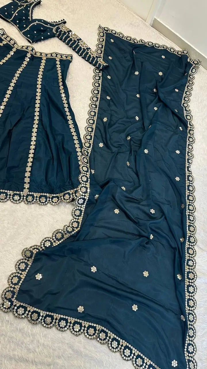 Teal Blue Malai Silk Lehenga Choli With Sequence & Zari Work