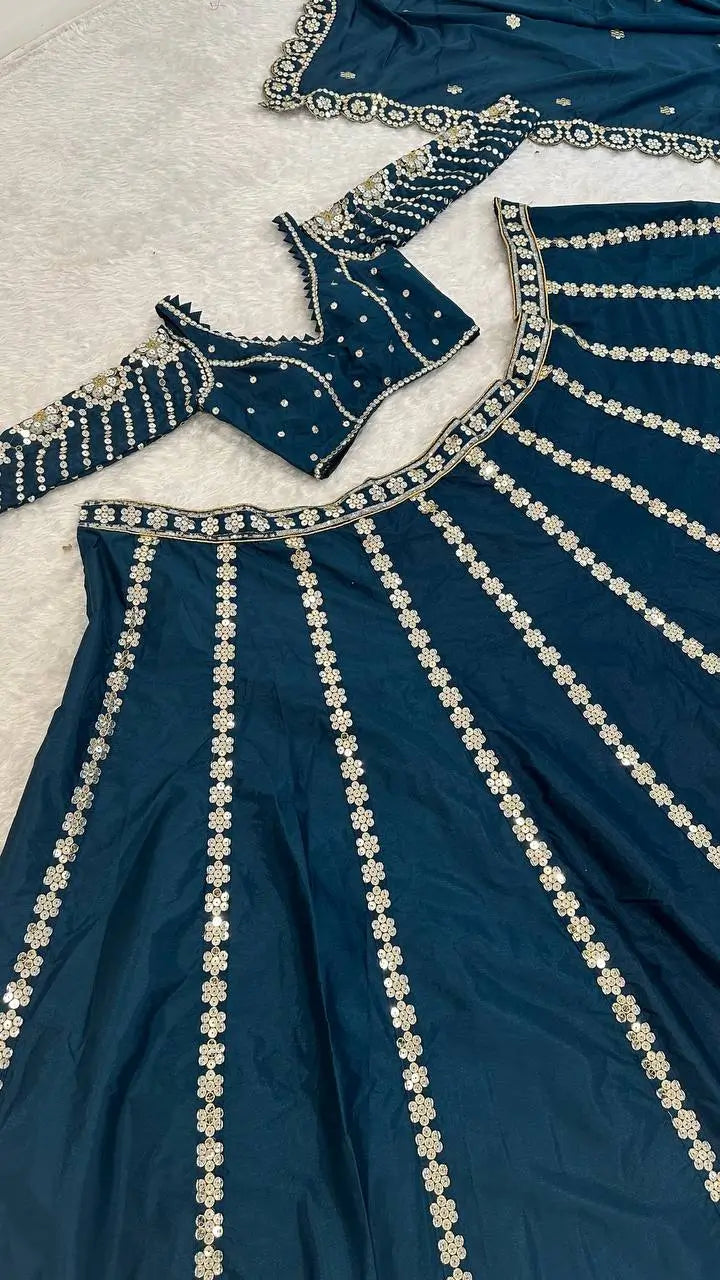 Teal Blue Malai Silk Lehenga Choli With Sequence & Zari Work