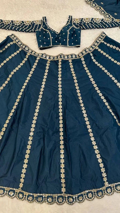 Teal Blue Malai Silk Lehenga Choli With Sequence & Zari Work