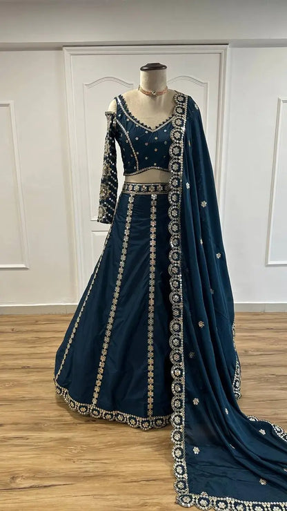 Teal Blue Malai Silk Lehenga Choli With Sequence & Zari Work