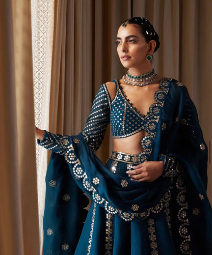 Teal Blue Malai Silk Lehenga Choli With Sequence & Zari Work