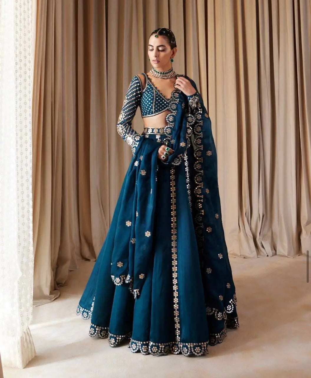 Teal Blue Malai Silk Lehenga Choli With Sequence & Zari Work