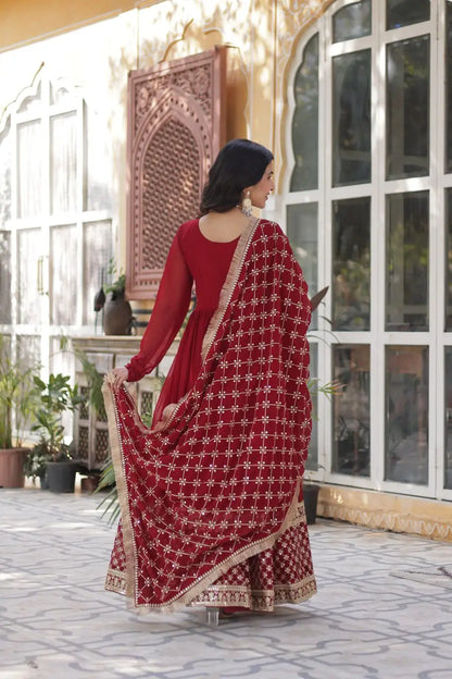 Red Sequins Embroidery Work Gown With Heavy Dupatta