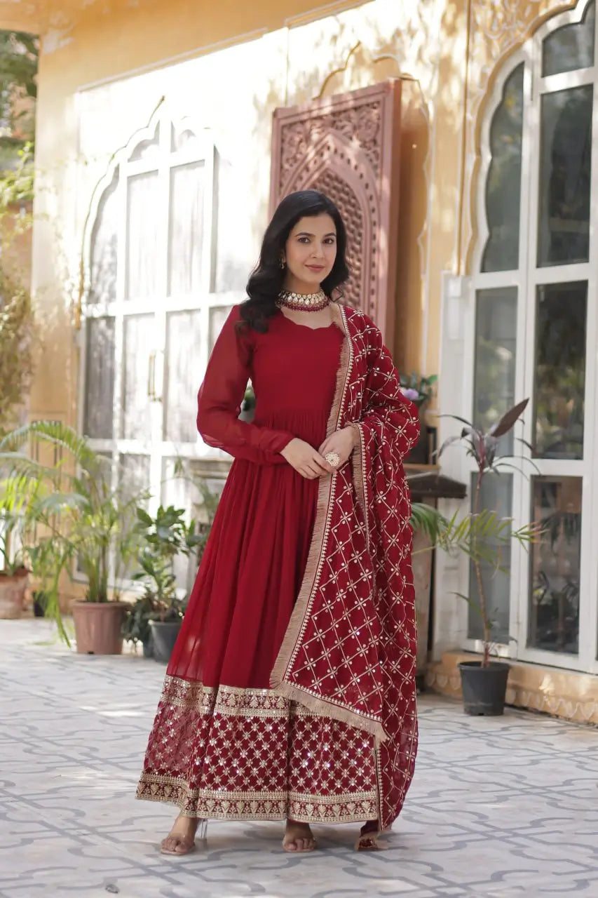 Red Sequins Embroidery Work Gown With Heavy Dupatta