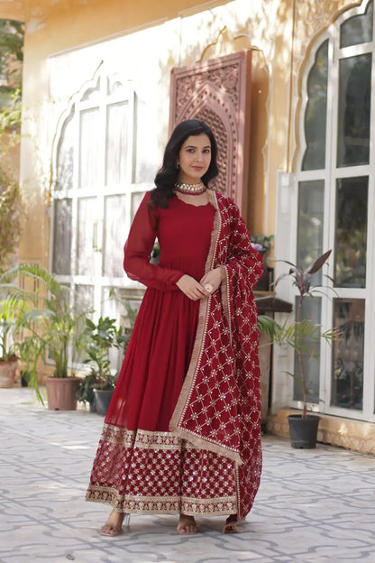 Red Sequins Embroidery Work Gown With Heavy Dupatta