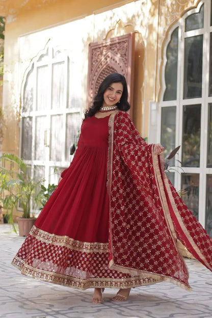 Red Sequins Embroidery Work Gown With Heavy Dupatta