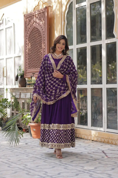Purple Sequins Embroidery Work Gown With Heavy Dupatta