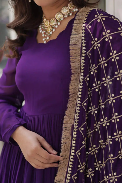 Purple Sequins Embroidery Work Gown With Heavy Dupatta