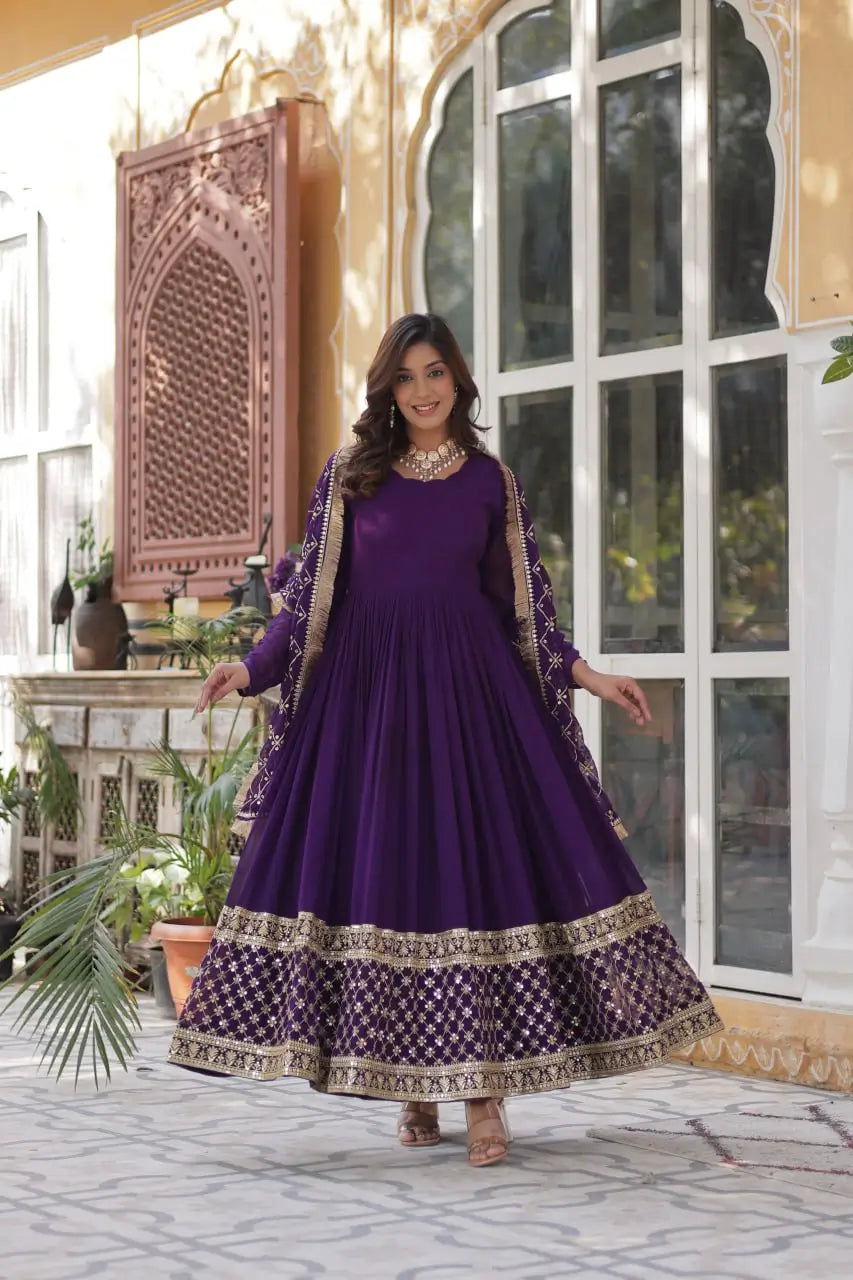 Purple Sequins Embroidery Work Gown With Heavy Dupatta