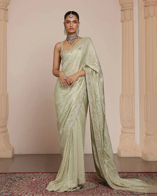 Pista Green  Jari Dori And Thread Embroidery Work with Real Mirror Work Saree