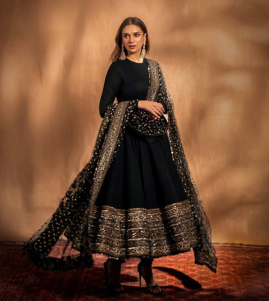 Aditi's Black Colour Embroidered Anarkali Suit Set