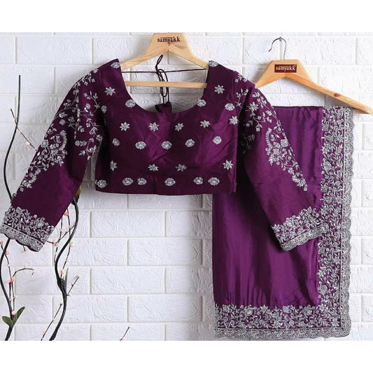 Purple rangoli georgette silk fancy thread work ceremonial saree