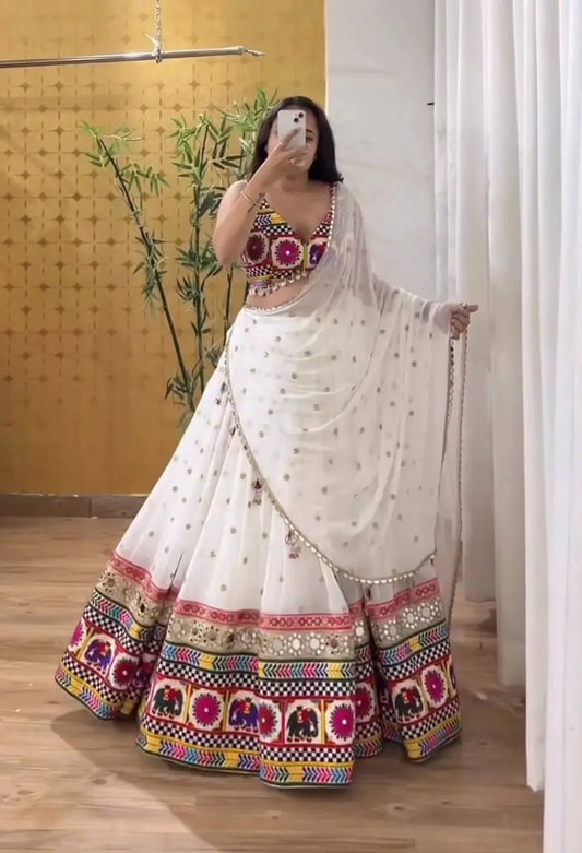 White Chain Stitch Embroidery & Mirror Work Georgette Navratri Lehenga