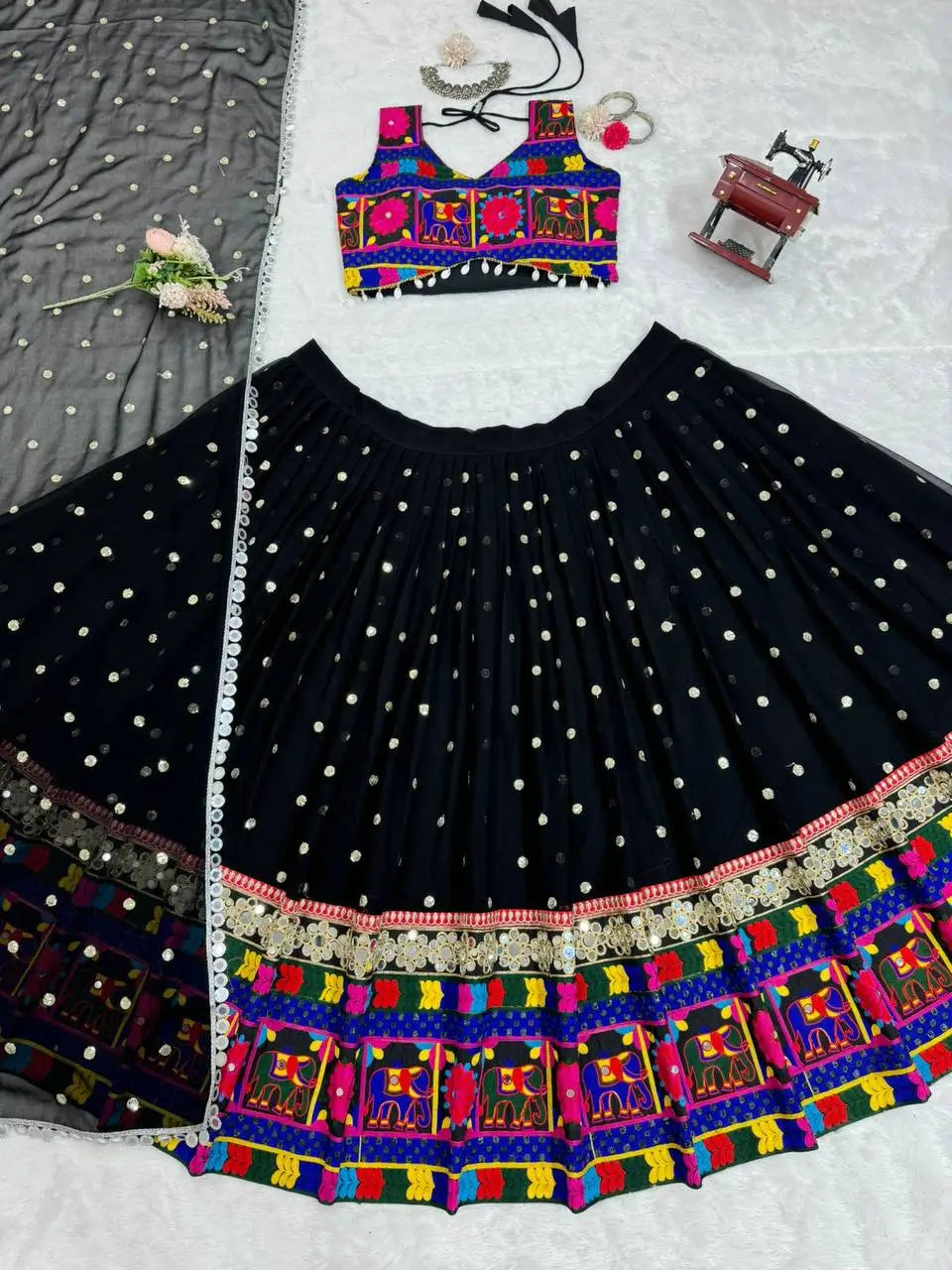 Bold In Black Chain Stitch Embroidery & Mirror Work Georgette Navratri Lehenga