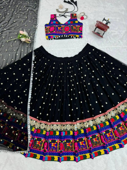 Bold In Black Chain Stitch Embroidery & Mirror Work Georgette Navratri Lehenga