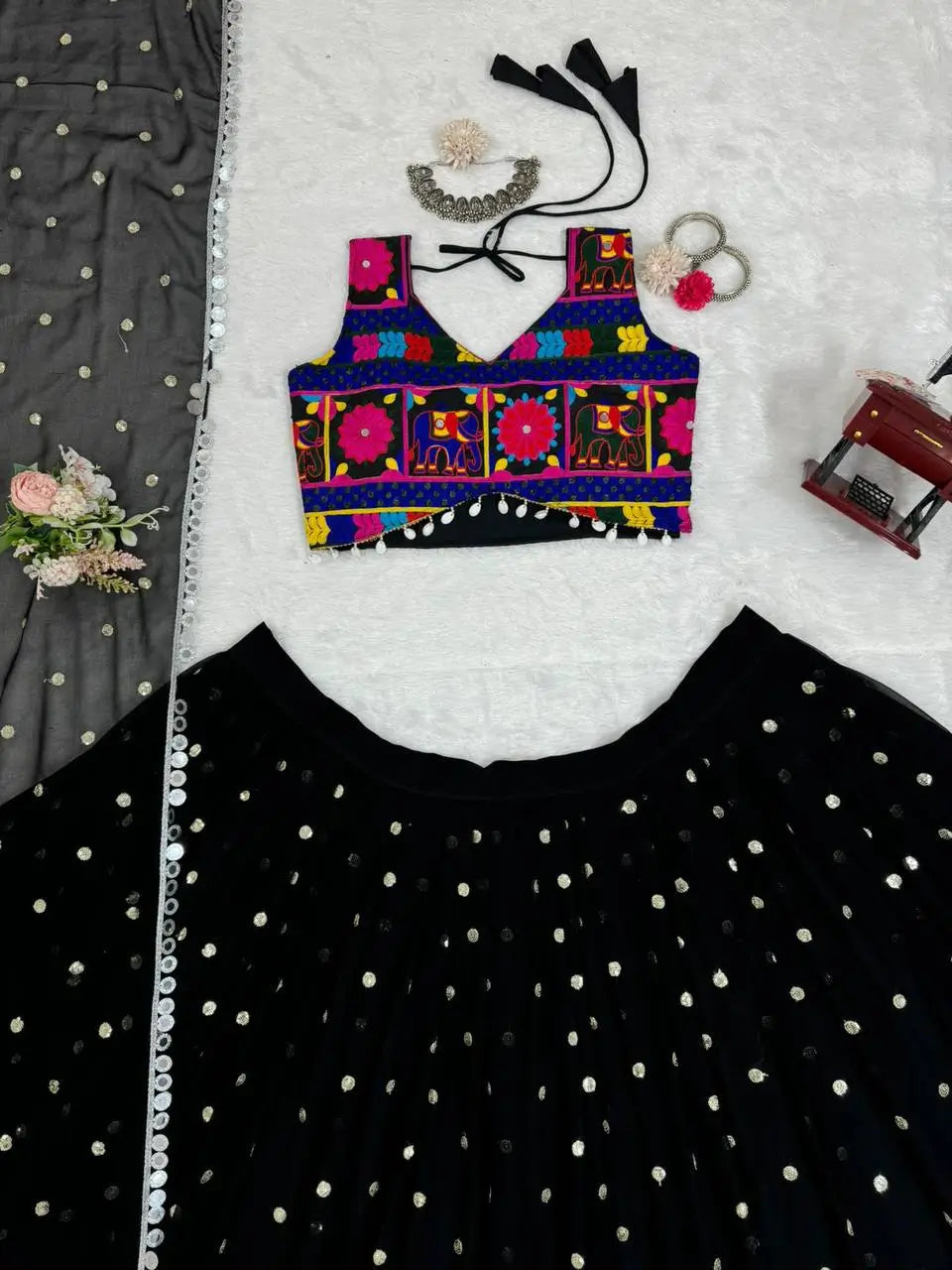 Bold In Black Chain Stitch Embroidery & Mirror Work Georgette Navratri Lehenga