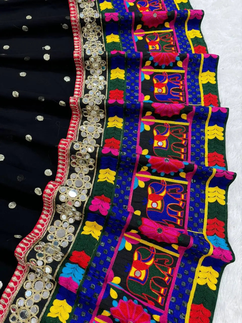 Bold In Black Chain Stitch Embroidery & Mirror Work Georgette Navratri Lehenga