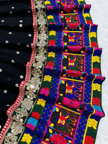 Bold In Black Chain Stitch Embroidery & Mirror Work Georgette Navratri Lehenga