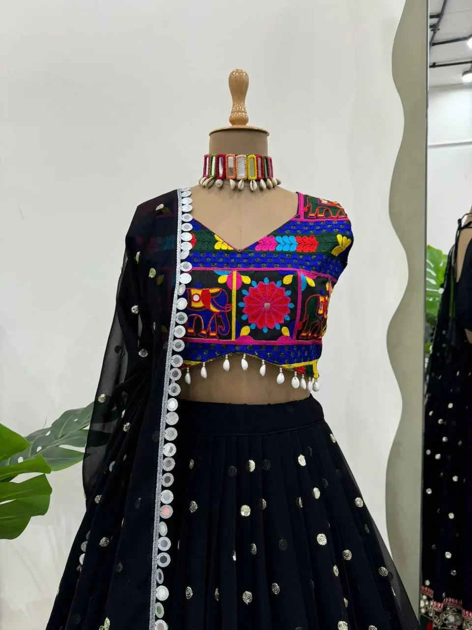 Bold In Black Chain Stitch Embroidery & Mirror Work Georgette Navratri Lehenga