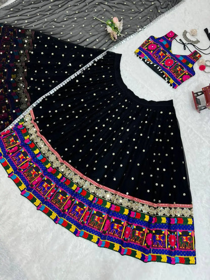 Bold In Black Chain Stitch Embroidery & Mirror Work Georgette Navratri Lehenga
