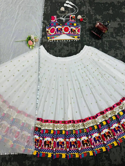 White Chain Stitch Embroidery & Mirror Work Georgette Navratri Lehenga
