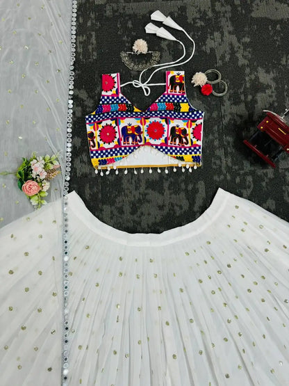 White Chain Stitch Embroidery & Mirror Work Georgette Navratri Lehenga