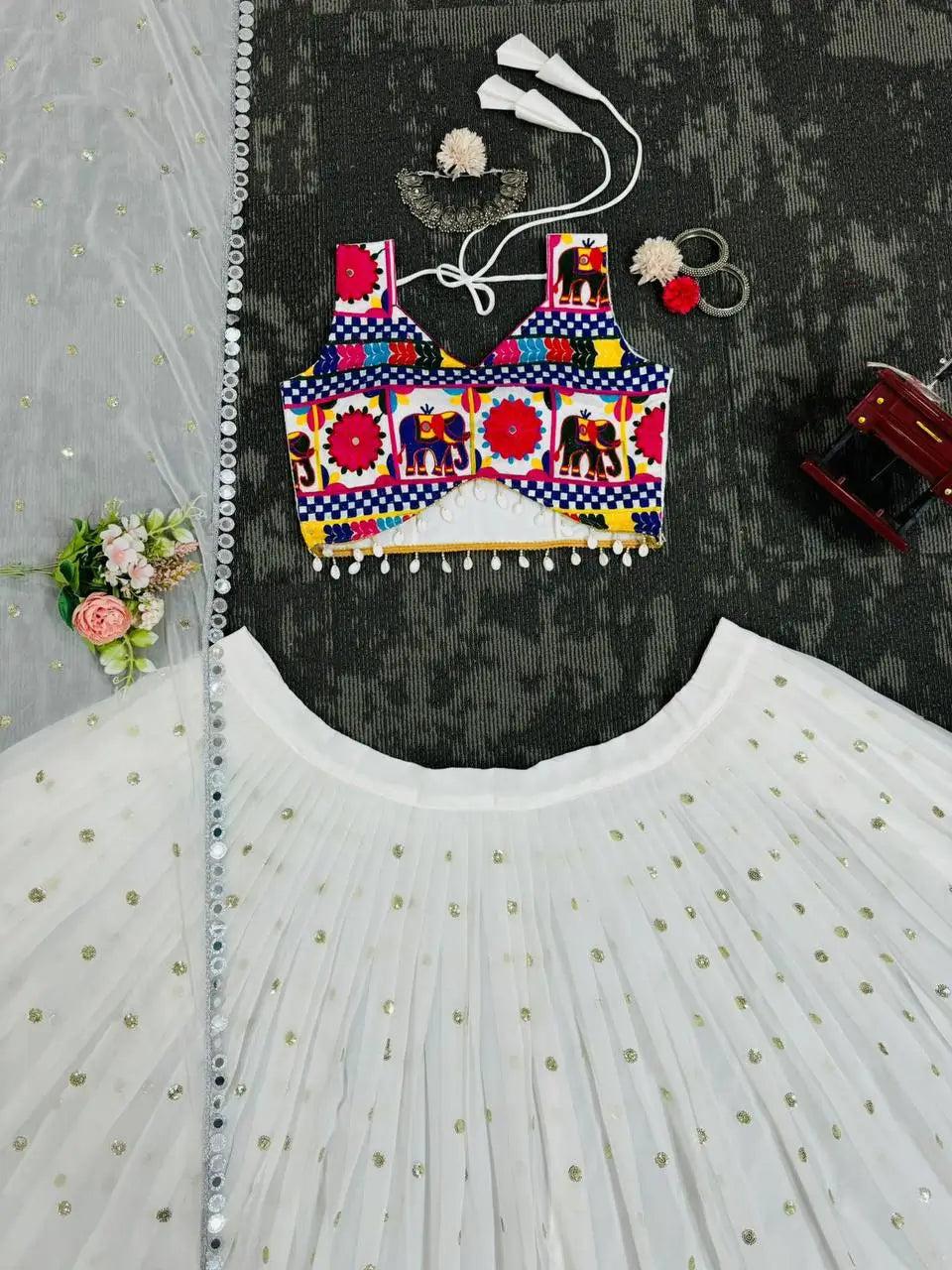 White Chain Stitch Embroidery & Mirror Work Georgette Navratri Lehenga