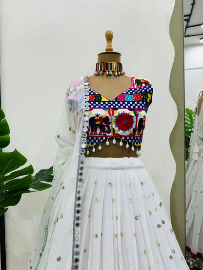 White Chain Stitch Embroidery & Mirror Work Georgette Navratri Lehenga