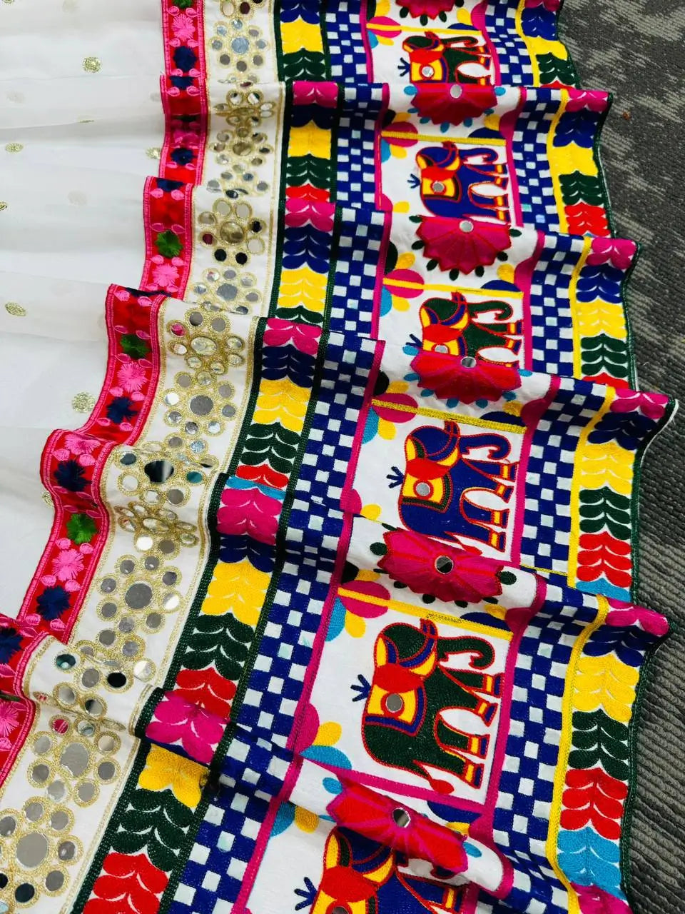 White Chain Stitch Embroidery & Mirror Work Georgette Navratri Lehenga