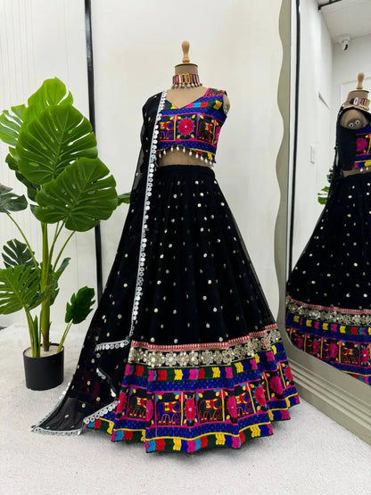 Bold In Black Chain Stitch Embroidery & Mirror Work Georgette Navratri Lehenga