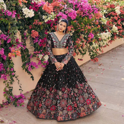 Most Trendy Black Multi Floral Embroidery Work Lehenga With Dupatta
