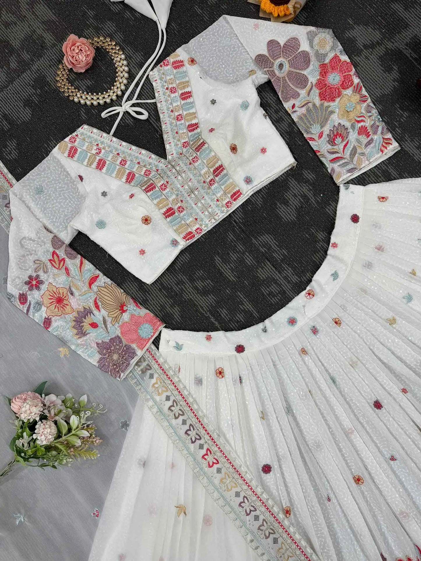 Wonderful White Multi Floral Embroidery Work Lehenga With Dupatta