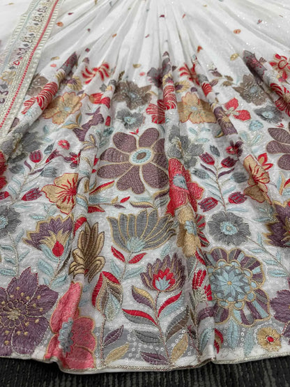 Wonderful White Multi Floral Embroidery Work Lehenga With Dupatta