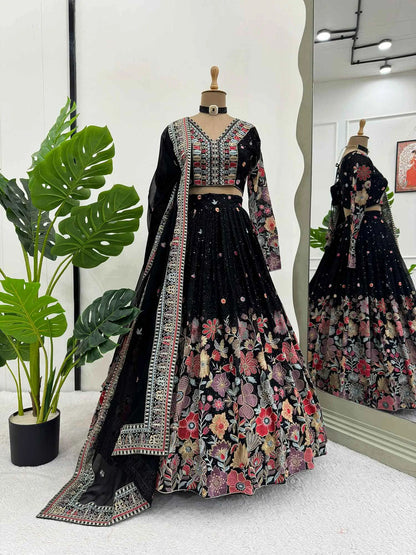 Most Trendy Black Multi Floral Embroidery Work Lehenga With Dupatta