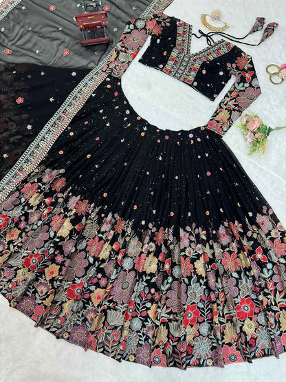 Most Trendy Black Multi Floral Embroidery Work Lehenga With Dupatta
