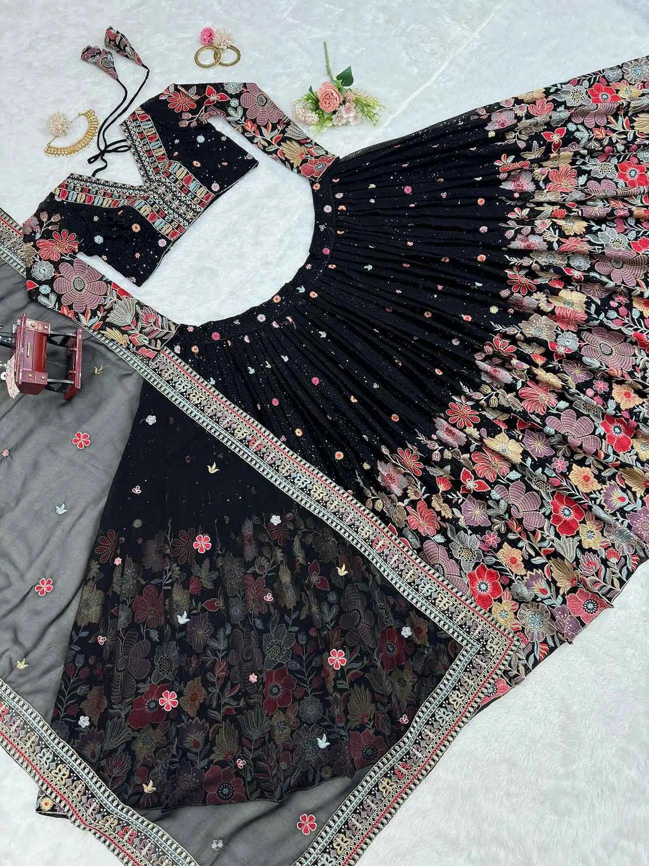 Most Trendy Black Multi Floral Embroidery Work Lehenga With Dupatta