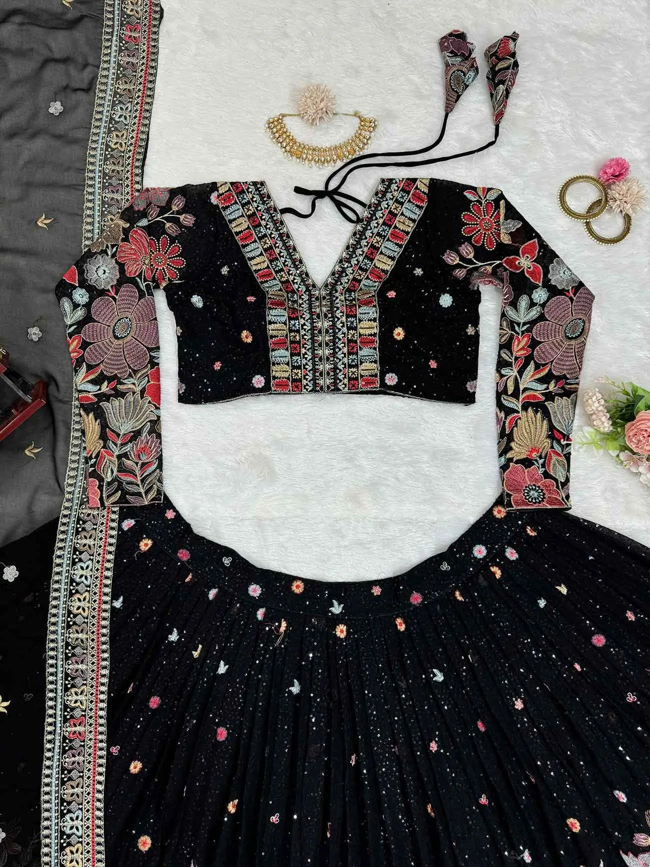 Most Trendy Black Multi Floral Embroidery Work Lehenga With Dupatta