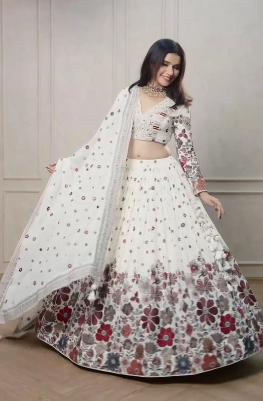 Wonderful White Multi Floral Embroidery Work Lehenga With Dupatta