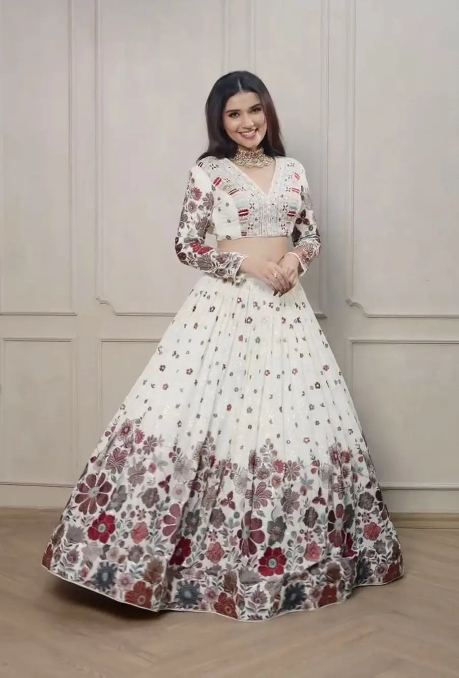 Wonderful White Multi Floral Embroidery Work Lehenga With Dupatta