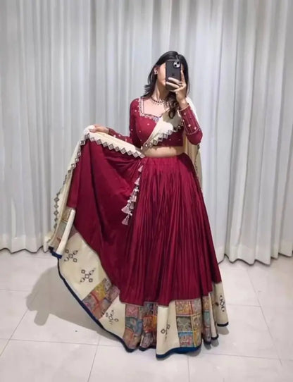 Mulberry Pink Rayon Digital Print With Real Mirror Work Navratri Lehenga