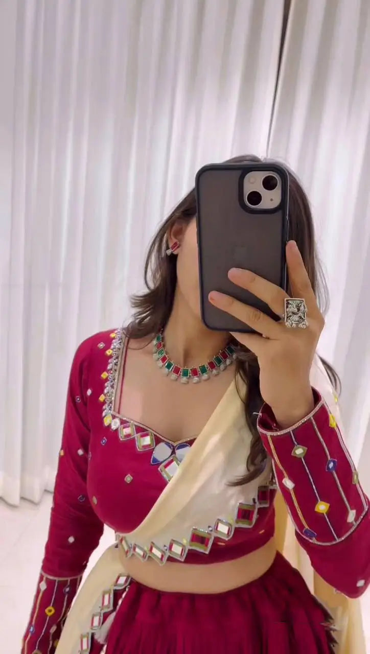 Mulberry Pink Rayon Digital Print With Real Mirror Work Navratri Lehenga