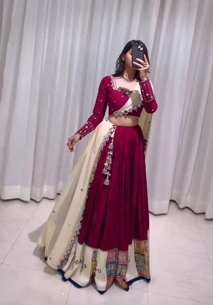 Mulberry Pink Rayon Digital Print With Real Mirror Work Navratri Lehenga