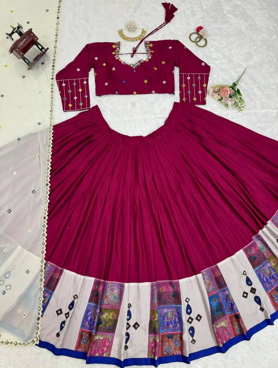 Mulberry Pink Rayon Digital Print With Real Mirror Work Navratri Lehenga