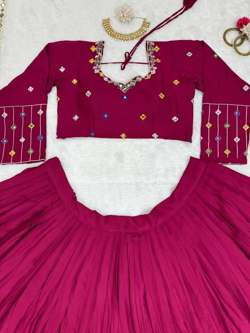 Mulberry Pink Rayon Digital Print With Real Mirror Work Navratri Lehenga