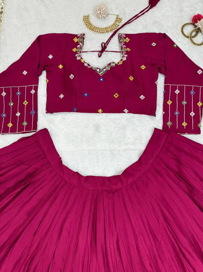 Mulberry Pink Rayon Digital Print With Real Mirror Work Navratri Lehenga